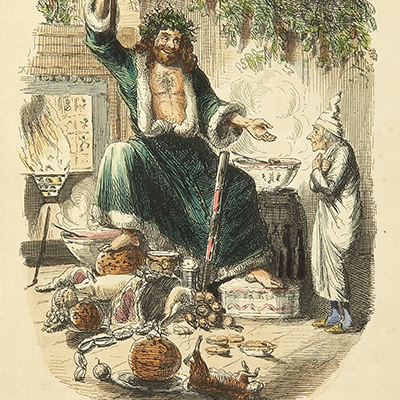 Canto di natale, Dickens. Illustrazione Scrooge con fantasma