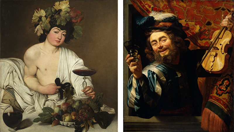 Caravaggio, Bacco (1596-1597) / Gerard Van Honthorst, Il violinista felice (1623)